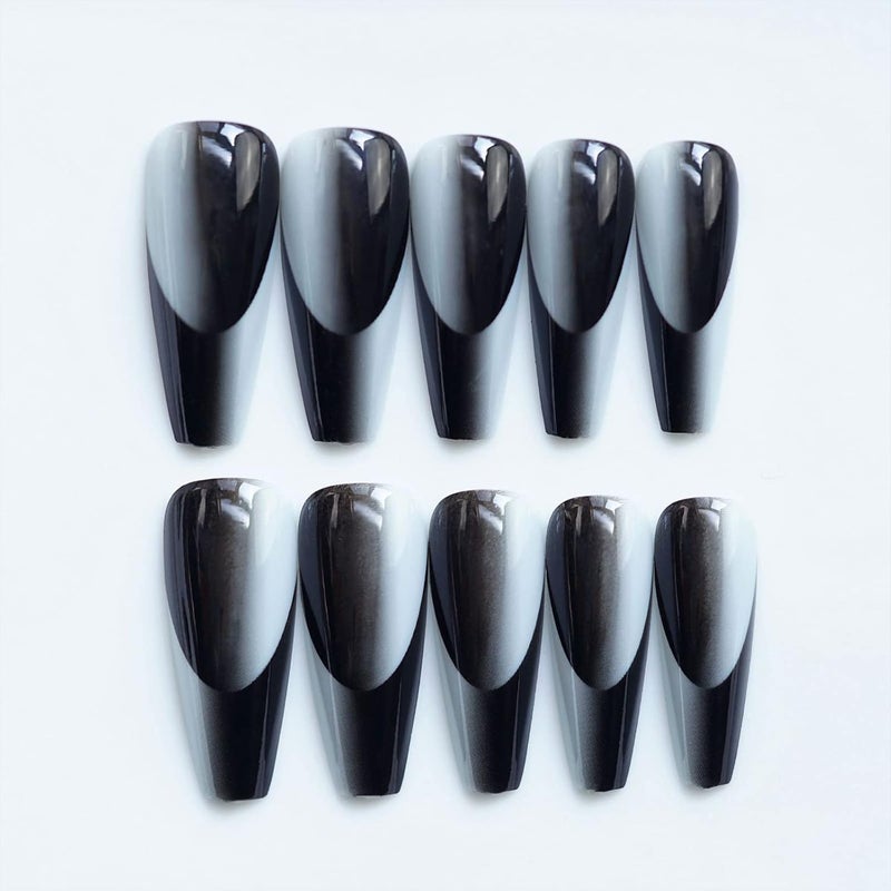 SINHOT French Tip Press on Nails Long Fake Nails Coffin False Nails Double Ombre Ballerina Nail Full Cover Glue on Nail - Image 2